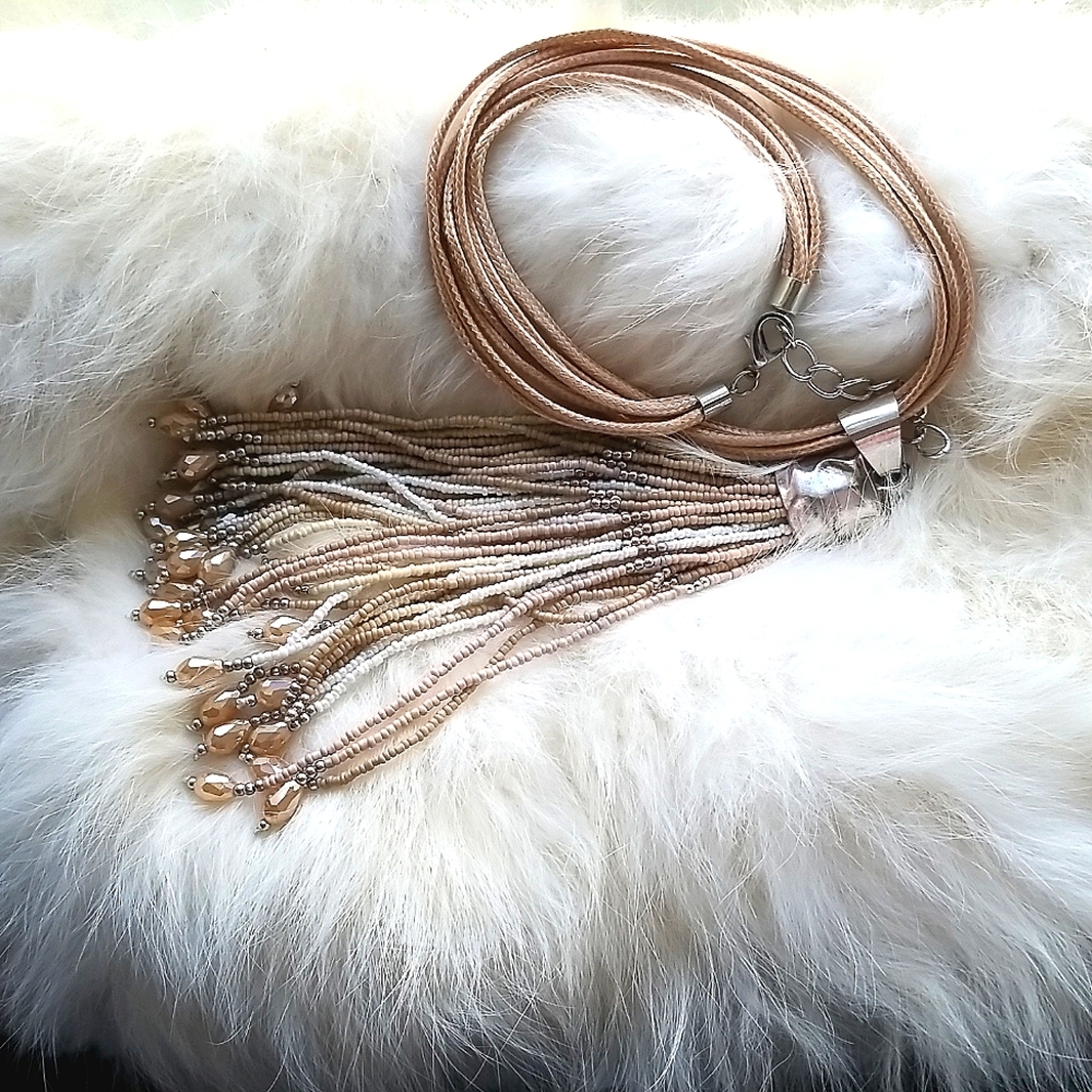 NEW! Beautiful Multi-Strand Beaded Necklace in Cream, Caramel and Silver NWOT